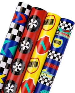 wrapaholic birthday wrapping paper roll - cool racing cars and autodrome set perfect for party, celebrating, baby boy present packing - 4 rolls - 30 inch x 120 inch per roll