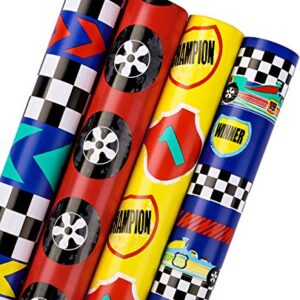 WRAPAHOLIC Birthday Wrapping Paper Roll - Cool Racing Cars and Autodrome Set Perfect for Party, Celebrating, Baby Boy Present Packing - 4 Rolls - 30 inch X 120 inch Per Roll