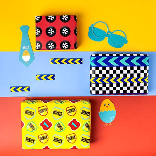 WRAPAHOLIC Birthday Wrapping Paper Roll - Cool Racing Cars and Autodrome Set Perfect for Party, Celebrating, Baby Boy Present Packing - 4 Rolls - 30 inch X 120 inch Per Roll