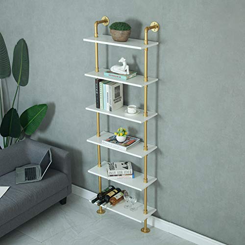 WGX Design For You Industrial 6-Tiers Modern Ladder Shelf Bookcase,Wood Storage Shelf,Display Shelving, Wall Mounted Wood Shelves(Gold)