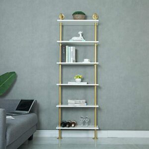 WGX Design For You Industrial 6-Tiers Modern Ladder Shelf Bookcase,Wood Storage Shelf,Display Shelving, Wall Mounted Wood Shelves(Gold)