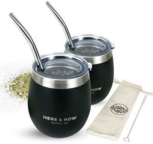 here & now yerba mate cup and bombilla set | 2 mate gourds, spill resistant lids, & mate straws | bombilla brush & pouch included | yerba mate gourd kit with bombilla mate & mate tea cups (black)