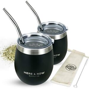 Here & Now Yerba Mate Cup and Bombilla Set | 2 Mate Gourds, Spill Resistant Lids, & Mate Straws | Bombilla Brush & Pouch Included | Yerba Mate Gourd Kit with Bombilla Mate & Mate Tea Cups (Black)