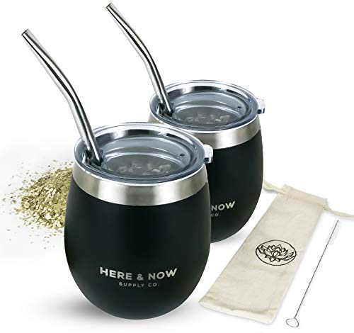 Here & Now Yerba Mate Cup and Bombilla Set | 2 Mate Gourds, Spill Resistant Lids, & Mate Straws | Bombilla Brush & Pouch Included | Yerba Mate Gourd Kit with Bombilla Mate & Mate Tea Cups (Black)