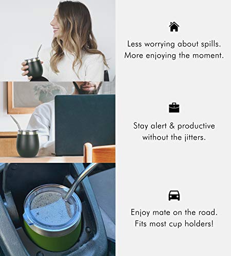 Here & Now Yerba Mate Cup and Bombilla Set | 2 Mate Gourds, Spill Resistant Lids, & Mate Straws | Bombilla Brush & Pouch Included | Yerba Mate Gourd Kit with Bombilla Mate & Mate Tea Cups (Black)