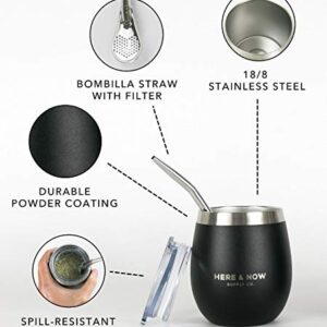 Here & Now Yerba Mate Cup and Bombilla Set | 2 Mate Gourds, Spill Resistant Lids, & Mate Straws | Bombilla Brush & Pouch Included | Yerba Mate Gourd Kit with Bombilla Mate & Mate Tea Cups (Black)