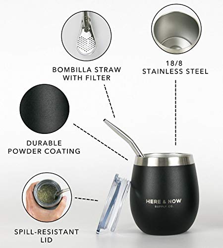 Here & Now Yerba Mate Cup and Bombilla Set | 2 Mate Gourds, Spill Resistant Lids, & Mate Straws | Bombilla Brush & Pouch Included | Yerba Mate Gourd Kit with Bombilla Mate & Mate Tea Cups (Black)