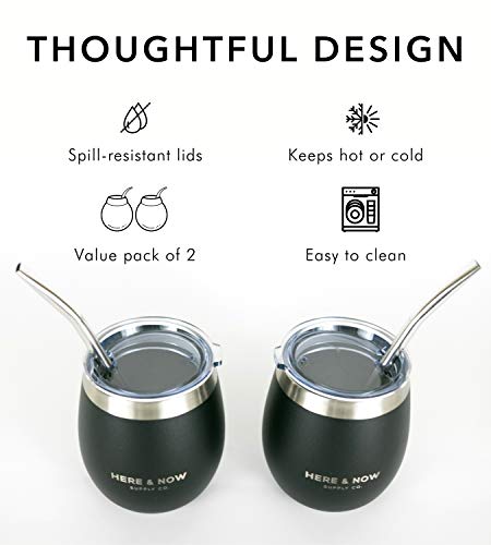 Here & Now Yerba Mate Cup and Bombilla Set | 2 Mate Gourds, Spill Resistant Lids, & Mate Straws | Bombilla Brush & Pouch Included | Yerba Mate Gourd Kit with Bombilla Mate & Mate Tea Cups (Black)