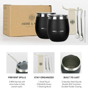 Here & Now Yerba Mate Cup and Bombilla Set | 2 Mate Gourds, Spill Resistant Lids, & Mate Straws | Bombilla Brush & Pouch Included | Yerba Mate Gourd Kit with Bombilla Mate & Mate Tea Cups (Black)