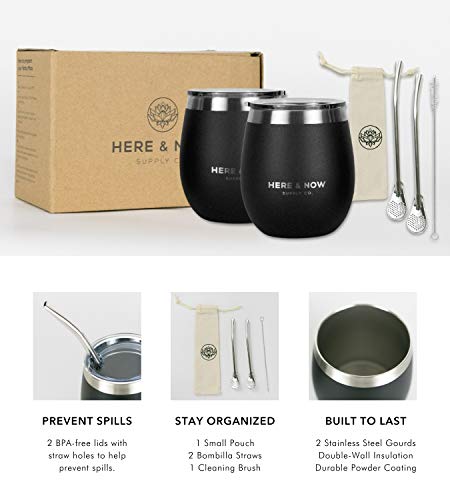 Here & Now Yerba Mate Cup and Bombilla Set | 2 Mate Gourds, Spill Resistant Lids, & Mate Straws | Bombilla Brush & Pouch Included | Yerba Mate Gourd Kit with Bombilla Mate & Mate Tea Cups (Black)