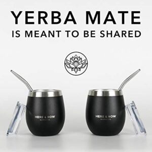 Here & Now Yerba Mate Cup and Bombilla Set | 2 Mate Gourds, Spill Resistant Lids, & Mate Straws | Bombilla Brush & Pouch Included | Yerba Mate Gourd Kit with Bombilla Mate & Mate Tea Cups (Black)