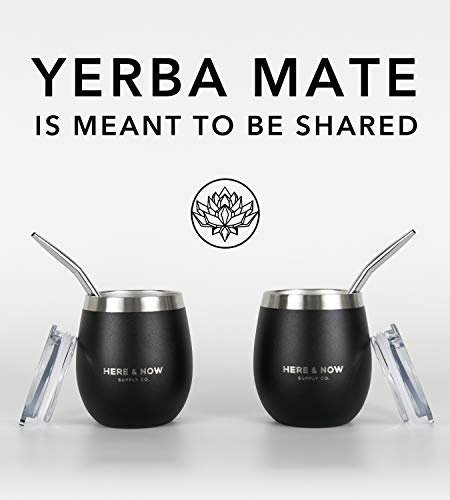 Here & Now Yerba Mate Cup and Bombilla Set | 2 Mate Gourds, Spill Resistant Lids, & Mate Straws | Bombilla Brush & Pouch Included | Yerba Mate Gourd Kit with Bombilla Mate & Mate Tea Cups (Black)