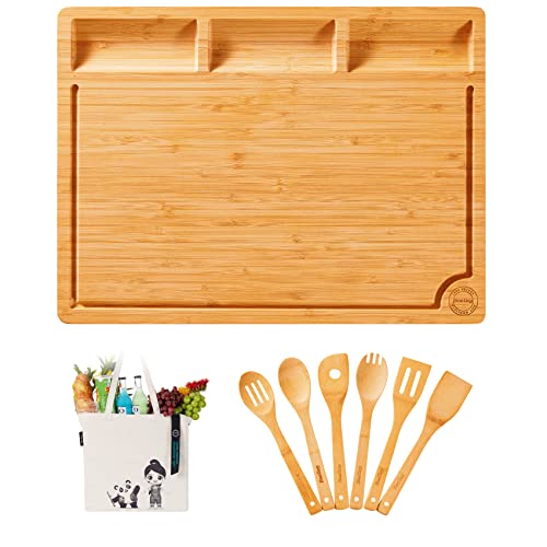 Boelley Extra Large Bamboo Cutting Board-Wood Cutting Board set for kitchen Chopping Board for Meat (Butcher Block) w/Juice Groove & Compartment & Handles w/6 Utensils &1 canvas bag L17"X13"