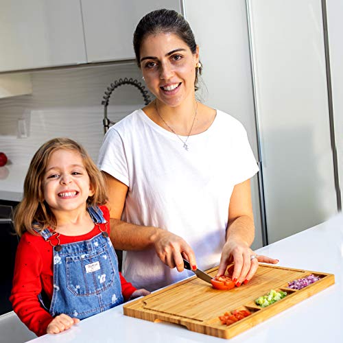 Boelley Extra Large Bamboo Cutting Board-Wood Cutting Board set for kitchen Chopping Board for Meat (Butcher Block) w/Juice Groove & Compartment & Handles w/6 Utensils &1 canvas bag L17"X13"