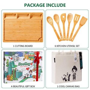 Boelley Extra Large Bamboo Cutting Board-Wood Cutting Board set for kitchen Chopping Board for Meat (Butcher Block) w/Juice Groove & Compartment & Handles w/6 Utensils &1 canvas bag L17"X13"