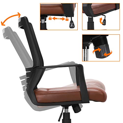 Topeakmart Executive Office Chair, Adjustable Swivel Desk Chair with Lumbar Support, Mesh Computer Chair with PU Leather Padded Seat for Back Pain/Home/Workplace Brown