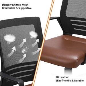 Topeakmart Executive Office Chair, Adjustable Swivel Desk Chair with Lumbar Support, Mesh Computer Chair with PU Leather Padded Seat for Back Pain/Home/Workplace Brown