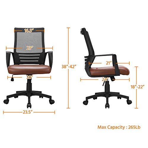 Topeakmart Executive Office Chair, Adjustable Swivel Desk Chair with Lumbar Support, Mesh Computer Chair with PU Leather Padded Seat for Back Pain/Home/Workplace Brown