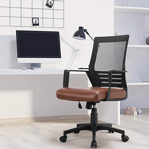 Topeakmart Executive Office Chair, Adjustable Swivel Desk Chair with Lumbar Support, Mesh Computer Chair with PU Leather Padded Seat for Back Pain/Home/Workplace Brown