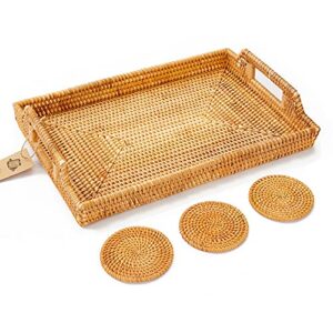 large rattan tray with rattan coasters - premium flat rectangular serving tray with handles, wicker basket tray 17''x11.4''x2'' hand woven decorative bed tray for coffee table, boho tray by lysco