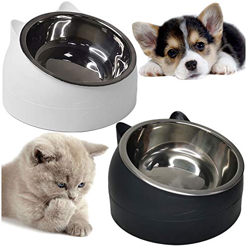 PINVNBY 2PCS Raised Cat Bowl Tilted 15° Slanted Elevated Bulldog Feeder Non-Spill Dog Kitten Food Dish Anti-Slip Detachable Pet Stainless Steel Slope Base for Small Pets Black&White