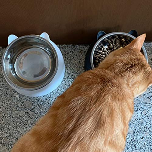 PINVNBY 2PCS Raised Cat Bowl Tilted 15° Slanted Elevated Bulldog Feeder Non-Spill Dog Kitten Food Dish Anti-Slip Detachable Pet Stainless Steel Slope Base for Small Pets Black&White