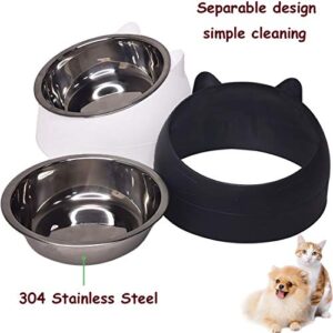 PINVNBY 2PCS Raised Cat Bowl Tilted 15° Slanted Elevated Bulldog Feeder Non-Spill Dog Kitten Food Dish Anti-Slip Detachable Pet Stainless Steel Slope Base for Small Pets Black&White