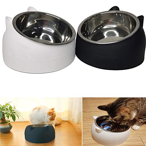 PINVNBY 2PCS Raised Cat Bowl Tilted 15° Slanted Elevated Bulldog Feeder Non-Spill Dog Kitten Food Dish Anti-Slip Detachable Pet Stainless Steel Slope Base for Small Pets Black&White