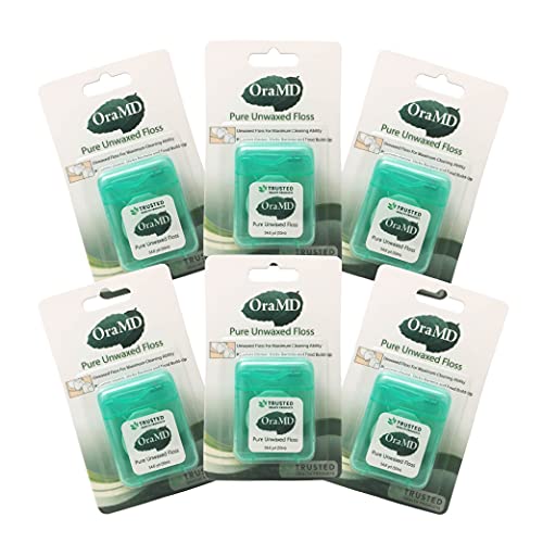 OraMD Oral Care Pure Unwaxed Dental Floss 54.6 Yards - Chemical Free, Shred Resistant - Unscented and Ultraclean Plaque Removal - Teeth and Gum Protection for Adults - Pack of 6