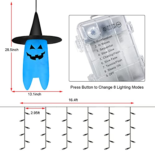 Youlisn Halloween Decorations Outdoor 6pcs Hanging Lighted Ghost Witch Hat 16.4ft LED String Lights Decor with Remote Control and 8 Lighting Mode Suitable for Yard, Party, Indoor, Tree