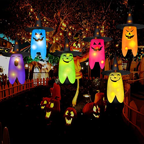 Youlisn Halloween Decorations Outdoor 6pcs Hanging Lighted Ghost Witch Hat 16.4ft LED String Lights Decor with Remote Control and 8 Lighting Mode Suitable for Yard, Party, Indoor, Tree