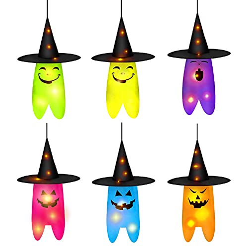 Youlisn Halloween Decorations Outdoor 6pcs Hanging Lighted Ghost Witch Hat 16.4ft LED String Lights Decor with Remote Control and 8 Lighting Mode Suitable for Yard, Party, Indoor, Tree