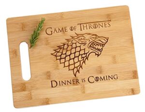 game of thrones dinner is coming laser engraved cutting board cheese charcutuerie 8.5x11" funny gift bamboo wood
