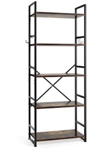 haioou industrial bookshelf, 5 tier tall bookcase with 4 hooks, vintage storage rack organizer free standing wood book shelf black metal frame shelving unit for home, office, kitchen - rustic brown