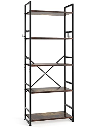 HAIOOU Industrial Bookshelf, 5 Tier Tall Bookcase with 4 Hooks, Vintage Storage Rack Organizer Free Standing Wood Book Shelf Black Metal Frame Shelving Unit for Home, Office, Kitchen - Rustic Brown