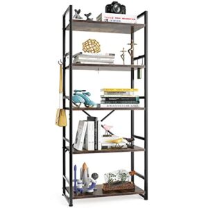 HAIOOU Industrial Bookshelf, 5 Tier Tall Bookcase with 4 Hooks, Vintage Storage Rack Organizer Free Standing Wood Book Shelf Black Metal Frame Shelving Unit for Home, Office, Kitchen - Rustic Brown