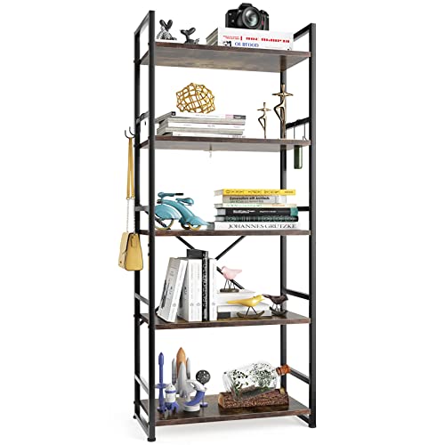 HAIOOU Industrial Bookshelf, 5 Tier Tall Bookcase with 4 Hooks, Vintage Storage Rack Organizer Free Standing Wood Book Shelf Black Metal Frame Shelving Unit for Home, Office, Kitchen - Rustic Brown