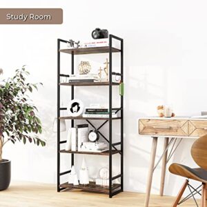 HAIOOU Industrial Bookshelf, 5 Tier Tall Bookcase with 4 Hooks, Vintage Storage Rack Organizer Free Standing Wood Book Shelf Black Metal Frame Shelving Unit for Home, Office, Kitchen - Rustic Brown