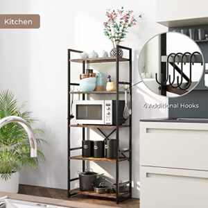 HAIOOU Industrial Bookshelf, 5 Tier Tall Bookcase with 4 Hooks, Vintage Storage Rack Organizer Free Standing Wood Book Shelf Black Metal Frame Shelving Unit for Home, Office, Kitchen - Rustic Brown