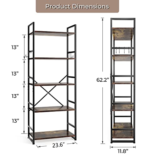 HAIOOU Industrial Bookshelf, 5 Tier Tall Bookcase with 4 Hooks, Vintage Storage Rack Organizer Free Standing Wood Book Shelf Black Metal Frame Shelving Unit for Home, Office, Kitchen - Rustic Brown