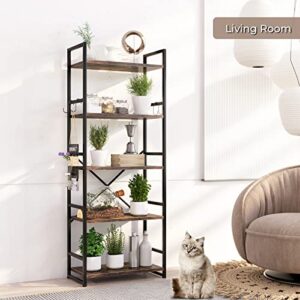 HAIOOU Industrial Bookshelf, 5 Tier Tall Bookcase with 4 Hooks, Vintage Storage Rack Organizer Free Standing Wood Book Shelf Black Metal Frame Shelving Unit for Home, Office, Kitchen - Rustic Brown