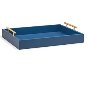 esther decorative coffee table tray – navy blue wood serving tray for ottoman, polished gold/silver interchangeable metal handles (2 sets), rectangular wood construction, 16.5x12.25, matte finish