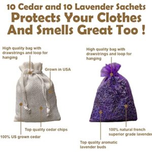 Cedar Chips and Lavender Sachets (20 Pack) - Stop Clothes Damage - Cedar and Lavendar Home Fragrance Sachets for Drawers and Closets