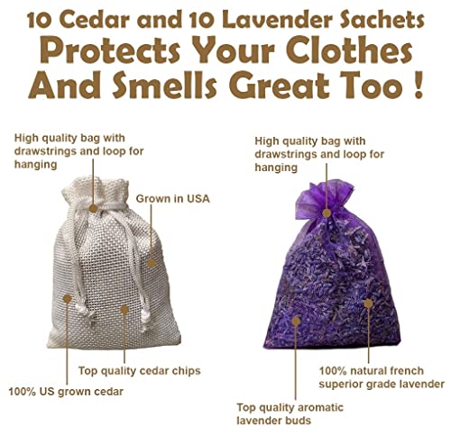 Cedar Chips and Lavender Sachets (20 Pack) - Stop Clothes Damage - Cedar and Lavendar Home Fragrance Sachets for Drawers and Closets