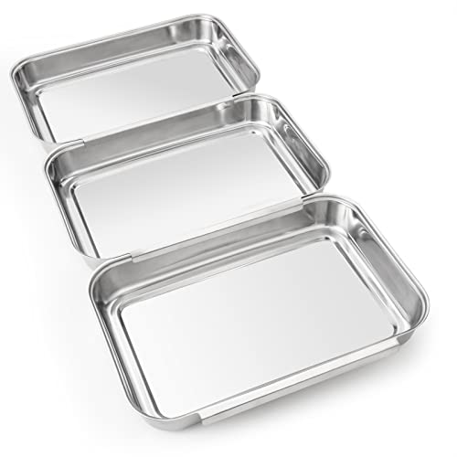 HULISEN Set of 3 Breading Pans, Stainless Steel Breading Set for Marinating Meat, Chicken, Fish, Food Prep Trays, Coating Trays Can Be Used to Baking Cake, Oven Safe