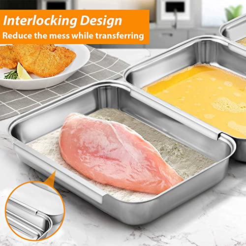 HULISEN Set of 3 Breading Pans, Stainless Steel Breading Set for Marinating Meat, Chicken, Fish, Food Prep Trays, Coating Trays Can Be Used to Baking Cake, Oven Safe