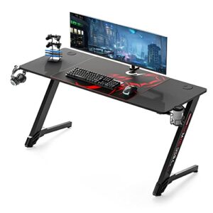 eureka ergonomic gaming desk 60 inch, z-shaped carbon fiber surface desktop home office pc computer desk with mouse pad, ergonomic large gamer table with cup holder and headphone hook for gaming room