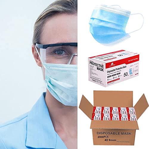 2000PCS Bulk Wholesale Face Masks for Business and Home Use-Disposable Face Mask-Blue 3 Ply Face Mask Cup Dust Masks PPE Filter Protection Face Masks