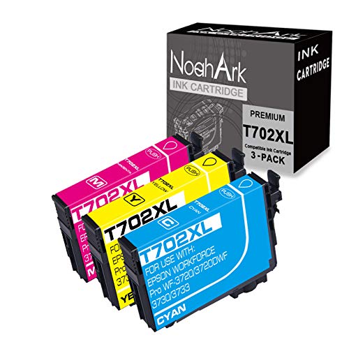 NoahArk 3 Packs 702XL Remanufacture Ink Cartridge Replacement for Epson 702 702XL T702 T702XL use for Epson Workforce Pro WF-3720 WF-3720DWF WF-3730 WF-3733 Printer (1 Cyan, 1 Yellow, 1 Magenta)