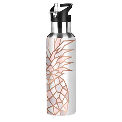 OREZI Rose Gold Pineapple On Pink And White Marble Water Bottle Thermos with Straw Lid for Boys Girls,600 ml,Leakproof Stainless-Steel Sports Bottle for Women Men Teenage